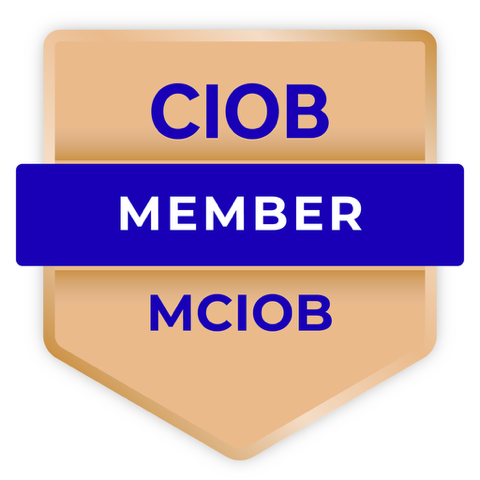 CIOB Chartered Member (MCIOB) badge image. Certification. Issued by The Chartered Institute of Building (CIOB)